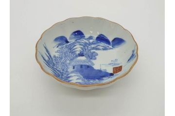 江戸後期〜幕末　伊万里　染付　山水図　約16cm　5.1寸　金の縁と爽やかな藍色が魅力のなます皿3枚セット(中皿、深皿、和皿、和食器、五寸一分)(R-073105)