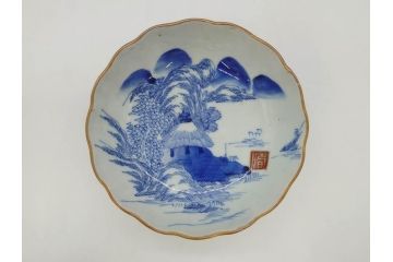 江戸後期〜幕末　伊万里　染付　山水図　約16cm　5.1寸　金の縁と爽やかな藍色が魅力のなます皿3枚セット(中皿、深皿、和皿、和食器、五寸一分)(R-073105)