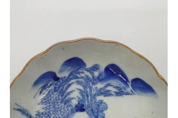 江戸後期〜幕末　伊万里　染付　山水図　約16cm　5.1寸　金の縁と爽やかな藍色が魅力のなます皿3枚セット(中皿、深皿、和皿、和食器、五寸一分)(R-073105)