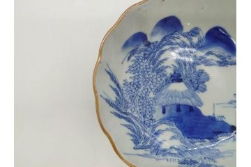 江戸後期〜幕末　伊万里　染付　山水図　約16cm　5.1寸　金の縁と爽やかな藍色が魅力のなます皿3枚セット(中皿、深皿、和皿、和食器、五寸一分)(R-073105)