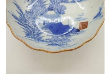 江戸後期〜幕末　伊万里　染付　山水図　約16cm　5.1寸　金の縁と爽やかな藍色が魅力のなます皿3枚セット(中皿、深皿、和皿、和食器、五寸一分)(R-073105)