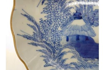 江戸後期〜幕末　伊万里　染付　山水図　約16cm　5.1寸　金の縁と爽やかな藍色が魅力のなます皿3枚セット(中皿、深皿、和皿、和食器、五寸一分)(R-073105)