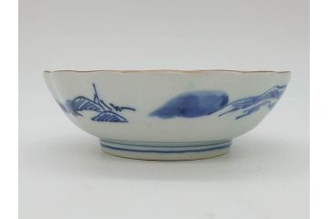 江戸後期〜幕末　伊万里　染付　山水図　約16cm　5.1寸　金の縁と爽やかな藍色が魅力のなます皿3枚セット(中皿、深皿、和皿、和食器、五寸一分)(R-073105)