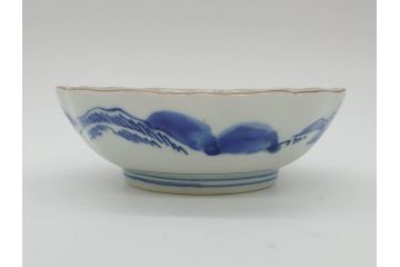 江戸後期〜幕末　伊万里　染付　山水図　約16cm　5.1寸　金の縁と爽やかな藍色が魅力のなます皿3枚セット(中皿、深皿、和皿、和食器、五寸一分)(R-073105)