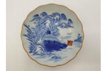 江戸後期〜幕末　伊万里　染付　山水図　約16cm　5.1寸　金の縁と爽やかな藍色が魅力のなます皿3枚セット(中皿、深皿、和皿、和食器、五寸一分)(R-073105)