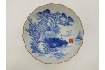 江戸後期〜幕末　伊万里　染付　山水図　約16cm　5.1寸　金の縁と爽やかな藍色が魅力のなます皿3枚セット(中皿、深皿、和皿、和食器、五寸一分)(R-073105)