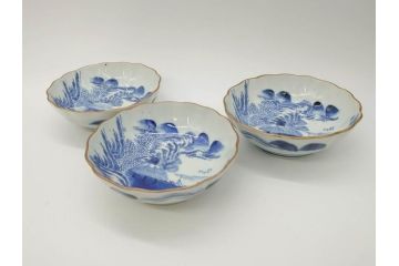 江戸後期〜幕末　伊万里　染付　山水図　約16cm　5.1寸　金の縁と爽やかな藍色が魅力のなます皿3枚セット(中皿、深皿、和皿、和食器、五寸一分)(R-073106)