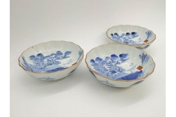 江戸後期〜幕末　伊万里　染付　山水図　約16cm　5.1寸　金の縁と爽やかな藍色が魅力のなます皿3枚セット(中皿、深皿、和皿、和食器、五寸一分)(R-073106)