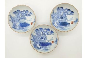 江戸後期〜幕末　伊万里　染付　山水図　約16cm　5.1寸　金の縁と爽やかな藍色が魅力のなます皿3枚セット(中皿、深皿、和皿、和食器、五寸一分)(R-073106)
