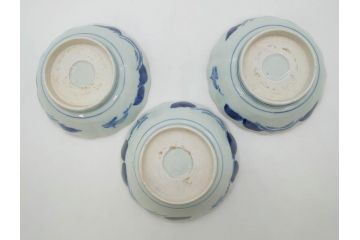 江戸後期〜幕末　伊万里　染付　山水図　約16cm　5.1寸　金の縁と爽やかな藍色が魅力のなます皿3枚セット(中皿、深皿、和皿、和食器、五寸一分)(R-073106)