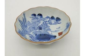 江戸後期〜幕末　伊万里　染付　山水図　約16cm　5.1寸　金の縁と爽やかな藍色が魅力のなます皿3枚セット(中皿、深皿、和皿、和食器、五寸一分)(R-073106)