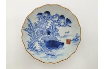 江戸後期〜幕末　伊万里　染付　山水図　約16cm　5.1寸　金の縁と爽やかな藍色が魅力のなます皿3枚セット(中皿、深皿、和皿、和食器、五寸一分)(R-073106)