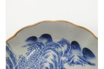 江戸後期〜幕末　伊万里　染付　山水図　約16cm　5.1寸　金の縁と爽やかな藍色が魅力のなます皿3枚セット(中皿、深皿、和皿、和食器、五寸一分)(R-073106)