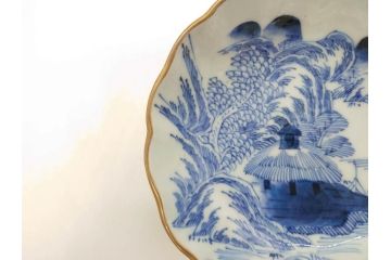 江戸後期〜幕末　伊万里　染付　山水図　約16cm　5.1寸　金の縁と爽やかな藍色が魅力のなます皿3枚セット(中皿、深皿、和皿、和食器、五寸一分)(R-073106)