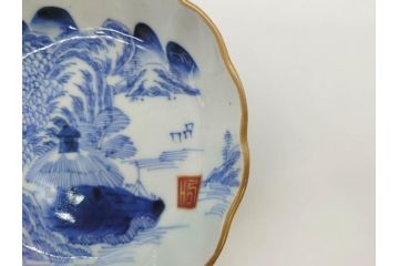 江戸後期〜幕末　伊万里　染付　山水図　約16cm　5.1寸　金の縁と爽やかな藍色が魅力のなます皿3枚セット(中皿、深皿、和皿、和食器、五寸一分)(R-073106)