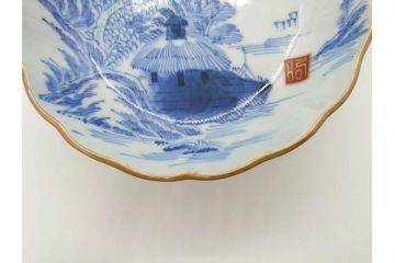 江戸後期〜幕末　伊万里　染付　山水図　約16cm　5.1寸　金の縁と爽やかな藍色が魅力のなます皿3枚セット(中皿、深皿、和皿、和食器、五寸一分)(R-073106)