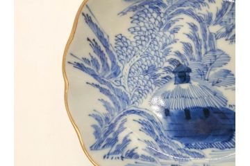 江戸後期〜幕末　伊万里　染付　山水図　約16cm　5.1寸　金の縁と爽やかな藍色が魅力のなます皿3枚セット(中皿、深皿、和皿、和食器、五寸一分)(R-073106)