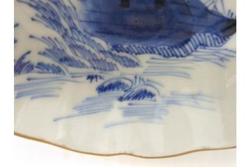 江戸後期〜幕末　伊万里　染付　山水図　約16cm　5.1寸　金の縁と爽やかな藍色が魅力のなます皿3枚セット(中皿、深皿、和皿、和食器、五寸一分)(R-073106)
