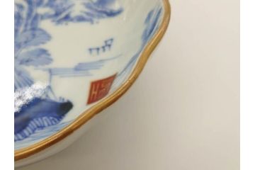 江戸後期〜幕末　伊万里　染付　山水図　約16cm　5.1寸　金の縁と爽やかな藍色が魅力のなます皿3枚セット(中皿、深皿、和皿、和食器、五寸一分)(R-073106)