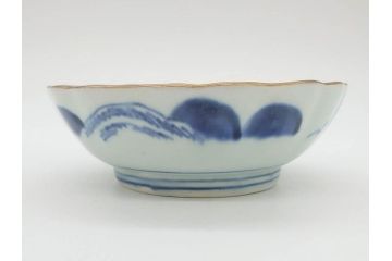 江戸後期〜幕末　伊万里　染付　山水図　約16cm　5.1寸　金の縁と爽やかな藍色が魅力のなます皿3枚セット(中皿、深皿、和皿、和食器、五寸一分)(R-073106)