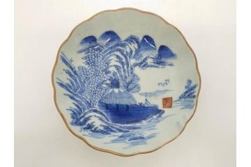 江戸後期〜幕末　伊万里　染付　山水図　約16cm　5.1寸　金の縁と爽やかな藍色が魅力のなます皿3枚セット(中皿、深皿、和皿、和食器、五寸一分)(R-073106)