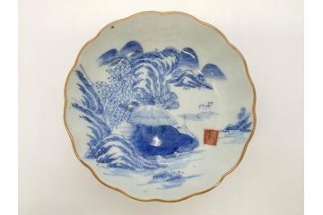 江戸後期〜幕末　伊万里　染付　山水図　約16cm　5.1寸　金の縁と爽やかな藍色が魅力のなます皿3枚セット(中皿、深皿、和皿、和食器、五寸一分)(R-073106)