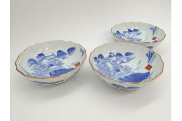 江戸後期〜幕末　伊万里　染付　山水図　約16cm　5.1寸　金の縁と爽やかな藍色が魅力のなます皿3枚セット(中皿、深皿、和皿、和食器、五寸一分)(R-073107)