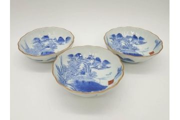 江戸後期〜幕末　伊万里　染付　山水図　約16cm　5.1寸　金の縁と爽やかな藍色が魅力のなます皿3枚セット(中皿、深皿、和皿、和食器、五寸一分)(R-073107)