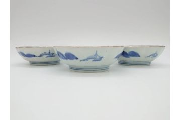 江戸後期〜幕末　伊万里　染付　山水図　約16cm　5.1寸　金の縁と爽やかな藍色が魅力のなます皿3枚セット(中皿、深皿、和皿、和食器、五寸一分)(R-073107)