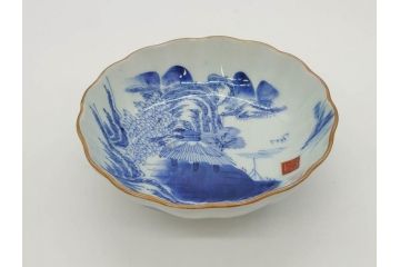 江戸後期〜幕末　伊万里　染付　山水図　約16cm　5.1寸　金の縁と爽やかな藍色が魅力のなます皿3枚セット(中皿、深皿、和皿、和食器、五寸一分)(R-073107)