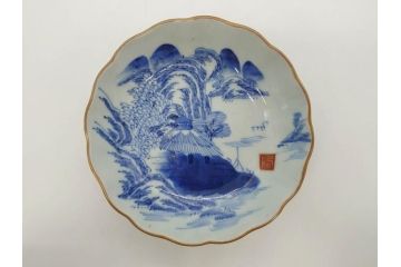 江戸後期〜幕末　伊万里　染付　山水図　約16cm　5.1寸　金の縁と爽やかな藍色が魅力のなます皿3枚セット(中皿、深皿、和皿、和食器、五寸一分)(R-073107)