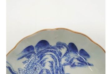 江戸後期〜幕末　伊万里　染付　山水図　約16cm　5.1寸　金の縁と爽やかな藍色が魅力のなます皿3枚セット(中皿、深皿、和皿、和食器、五寸一分)(R-073107)