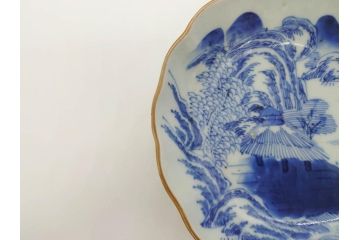 江戸後期〜幕末　伊万里　染付　山水図　約16cm　5.1寸　金の縁と爽やかな藍色が魅力のなます皿3枚セット(中皿、深皿、和皿、和食器、五寸一分)(R-073107)