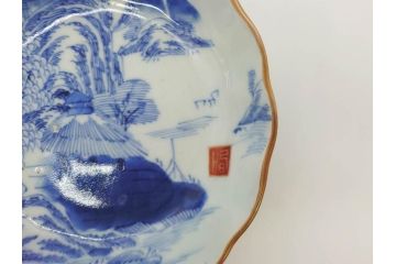 江戸後期〜幕末　伊万里　染付　山水図　約16cm　5.1寸　金の縁と爽やかな藍色が魅力のなます皿3枚セット(中皿、深皿、和皿、和食器、五寸一分)(R-073107)