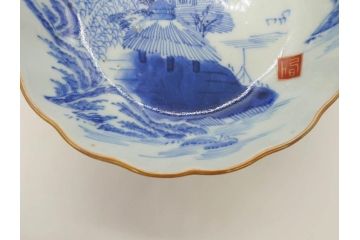 江戸後期〜幕末　伊万里　染付　山水図　約16cm　5.1寸　金の縁と爽やかな藍色が魅力のなます皿3枚セット(中皿、深皿、和皿、和食器、五寸一分)(R-073107)