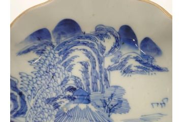 江戸後期〜幕末　伊万里　染付　山水図　約16cm　5.1寸　金の縁と爽やかな藍色が魅力のなます皿3枚セット(中皿、深皿、和皿、和食器、五寸一分)(R-073107)