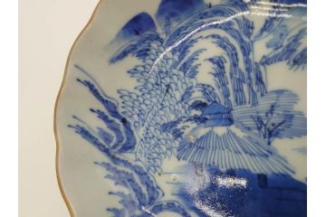 江戸後期〜幕末　伊万里　染付　山水図　約16cm　5.1寸　金の縁と爽やかな藍色が魅力のなます皿3枚セット(中皿、深皿、和皿、和食器、五寸一分)(R-073107)