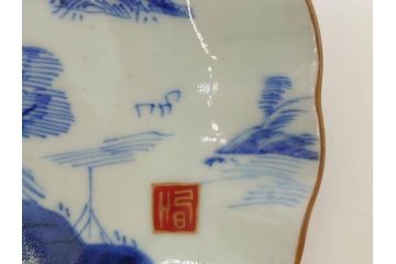 江戸後期〜幕末　伊万里　染付　山水図　約16cm　5.1寸　金の縁と爽やかな藍色が魅力のなます皿3枚セット(中皿、深皿、和皿、和食器、五寸一分)(R-073107)