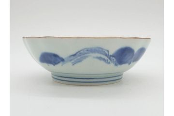 江戸後期〜幕末　伊万里　染付　山水図　約16cm　5.1寸　金の縁と爽やかな藍色が魅力のなます皿3枚セット(中皿、深皿、和皿、和食器、五寸一分)(R-073107)