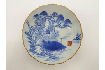 江戸後期〜幕末　伊万里　染付　山水図　約16cm　5.1寸　金の縁と爽やかな藍色が魅力のなます皿3枚セット(中皿、深皿、和皿、和食器、五寸一分)(R-073107)