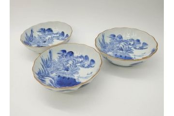 江戸後期〜幕末　伊万里　染付　山水図　約16cm　5.1寸　金の縁と爽やかな藍色が魅力のなます皿3枚セット(中皿、深皿、和皿、和食器、五寸一分)(R-073108)