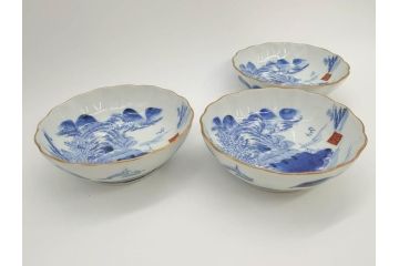 江戸後期〜幕末　伊万里　染付　山水図　約16cm　5.1寸　金の縁と爽やかな藍色が魅力のなます皿3枚セット(中皿、深皿、和皿、和食器、五寸一分)(R-073108)