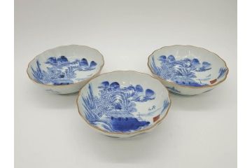江戸後期〜幕末　伊万里　染付　山水図　約16cm　5.1寸　金の縁と爽やかな藍色が魅力のなます皿3枚セット(中皿、深皿、和皿、和食器、五寸一分)(R-073108)