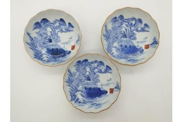 江戸後期〜幕末　伊万里　染付　山水図　約16cm　5.1寸　金の縁と爽やかな藍色が魅力のなます皿3枚セット(中皿、深皿、和皿、和食器、五寸一分)(R-073108)