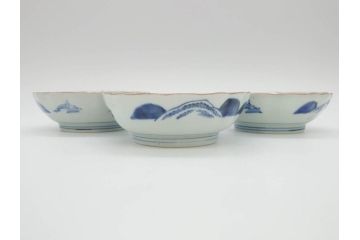江戸後期〜幕末　伊万里　染付　山水図　約16cm　5.1寸　金の縁と爽やかな藍色が魅力のなます皿3枚セット(中皿、深皿、和皿、和食器、五寸一分)(R-073108)