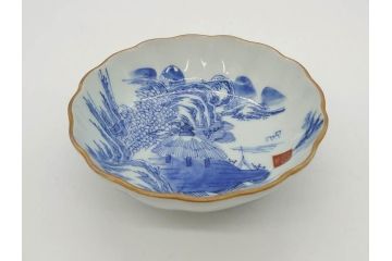 江戸後期〜幕末　伊万里　染付　山水図　約16cm　5.1寸　金の縁と爽やかな藍色が魅力のなます皿3枚セット(中皿、深皿、和皿、和食器、五寸一分)(R-073108)