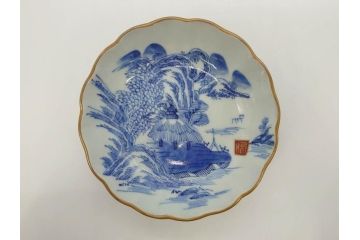 江戸後期〜幕末　伊万里　染付　山水図　約16cm　5.1寸　金の縁と爽やかな藍色が魅力のなます皿3枚セット(中皿、深皿、和皿、和食器、五寸一分)(R-073108)