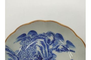 江戸後期〜幕末　伊万里　染付　山水図　約16cm　5.1寸　金の縁と爽やかな藍色が魅力のなます皿3枚セット(中皿、深皿、和皿、和食器、五寸一分)(R-073108)