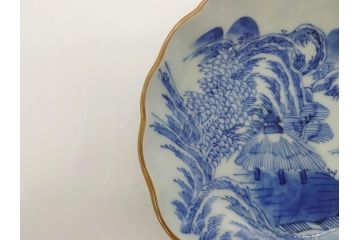 江戸後期〜幕末　伊万里　染付　山水図　約16cm　5.1寸　金の縁と爽やかな藍色が魅力のなます皿3枚セット(中皿、深皿、和皿、和食器、五寸一分)(R-073108)