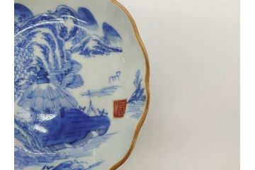江戸後期〜幕末　伊万里　染付　山水図　約16cm　5.1寸　金の縁と爽やかな藍色が魅力のなます皿3枚セット(中皿、深皿、和皿、和食器、五寸一分)(R-073108)